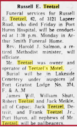Teetzels Brick Motel (Penno Motel) - July 1967 Death Notice For Original Owner